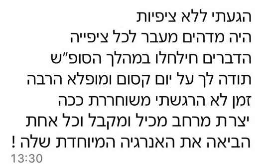 הגעתי ללא ציפיות. היה מדהים מעבר לכל ציפייה. הדברים חילחלו במהלך הסופ״ש. תודה לך על יום קסום ומופלא הרבה זמן לא הרגשתי משוחררת ככה. יצרת מרחב מכיל ומקבל וכל אחת הביאה את האנרגיה המיוחדת שלה!